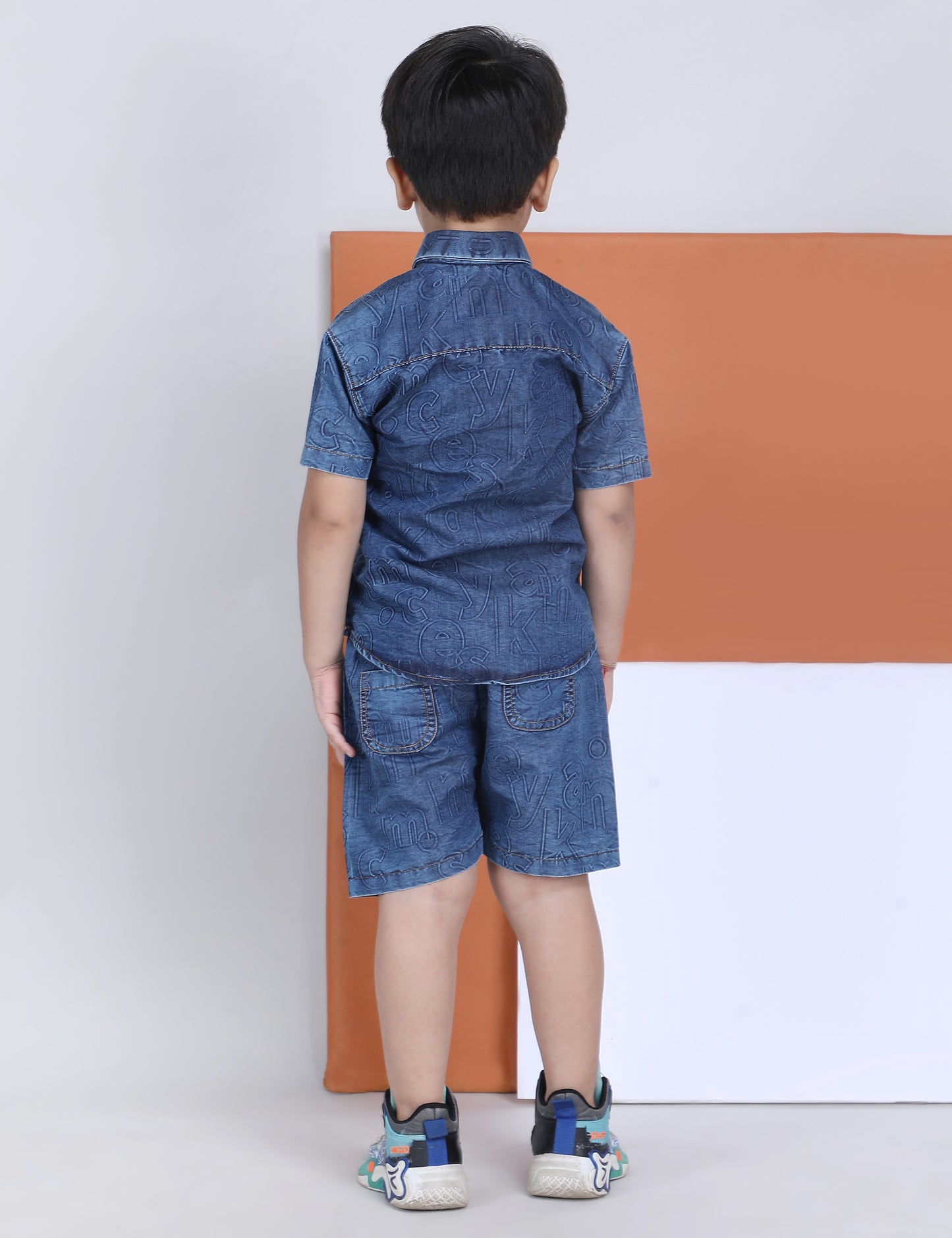 Polka Tots Half Sleeves Alphabet Print Denim co-ord set - Blue