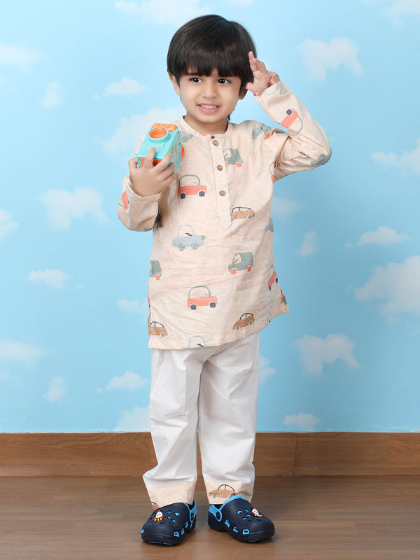 Polka Tots Full sleeves Car print Nightwear Kurta pyjama set - Brown