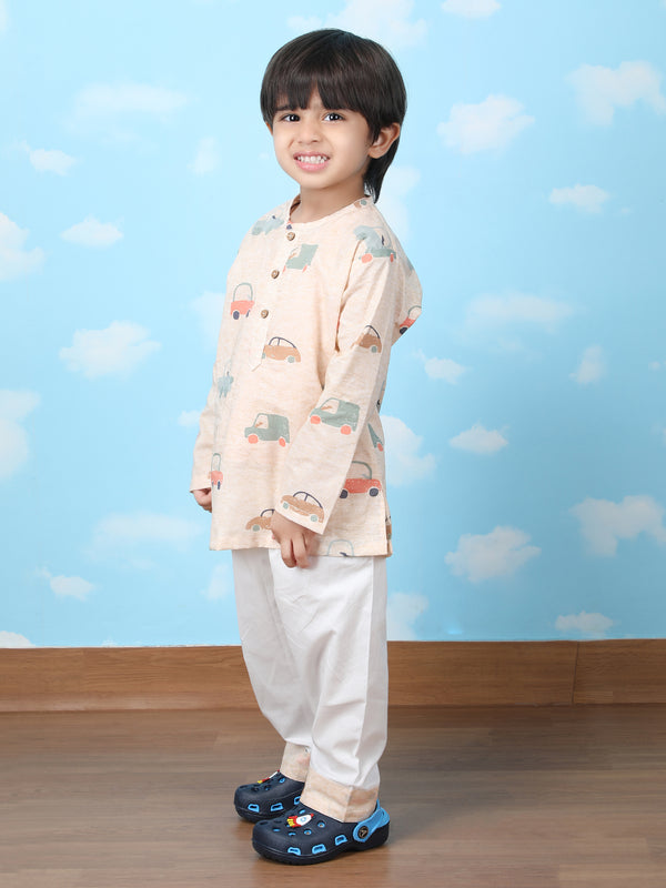 Polka Tots Full sleeves Car print Nightwear Kurta pyjama set - Brown