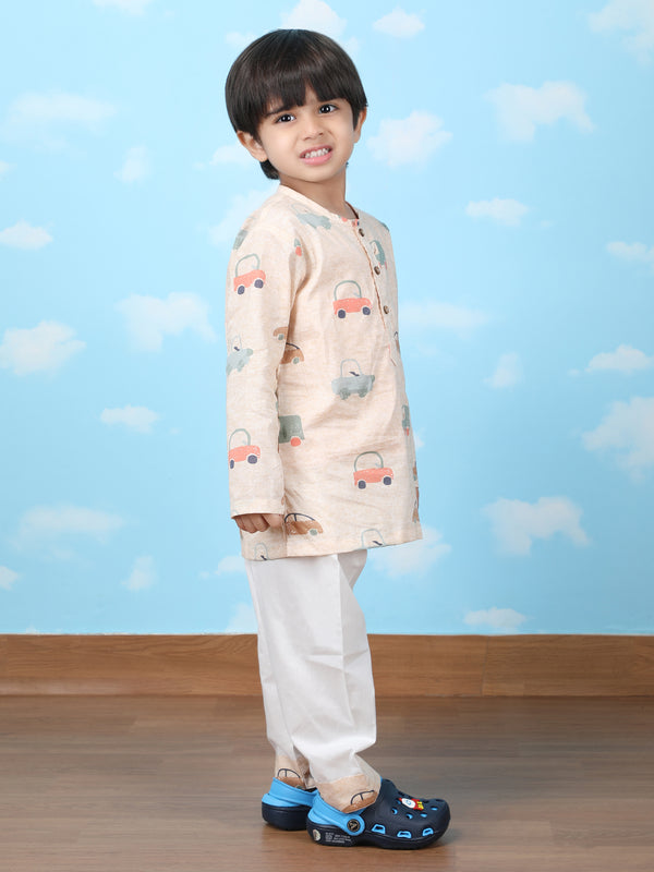 Polka Tots Full sleeves Car print Nightwear Kurta pyjama set - Brown