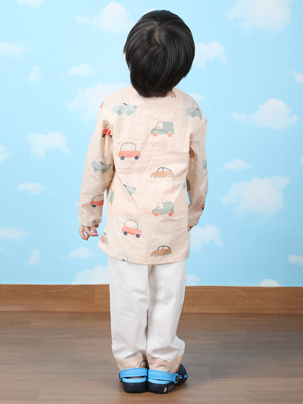 Polka Tots Full sleeves Car print Nightwear Kurta pyjama set - Brown
