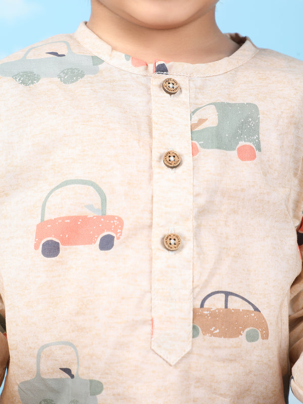 Polka Tots Full sleeves Car print Nightwear Kurta pyjama set - Brown