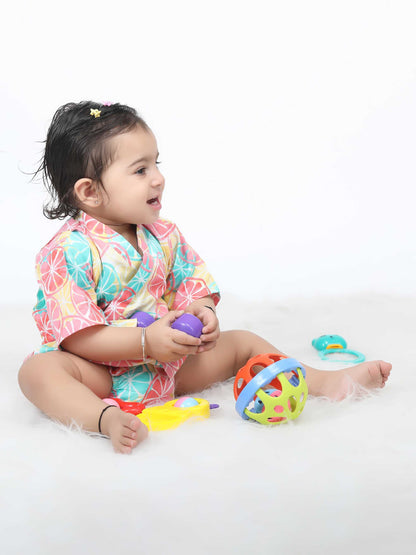 Polka Tots Lemon print Kimono Onesie - Multicolor