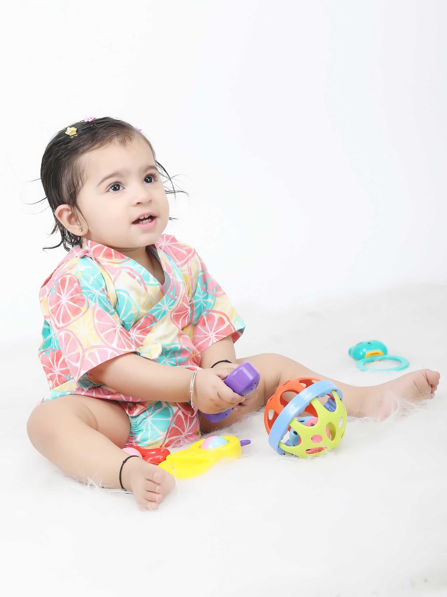 Polka Tots Lemon print Kimono Onesie - Multicolor