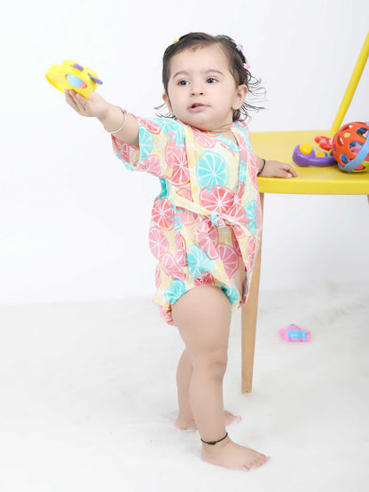 Polka Tots Lemon print Kimono Onesie - Multicolor