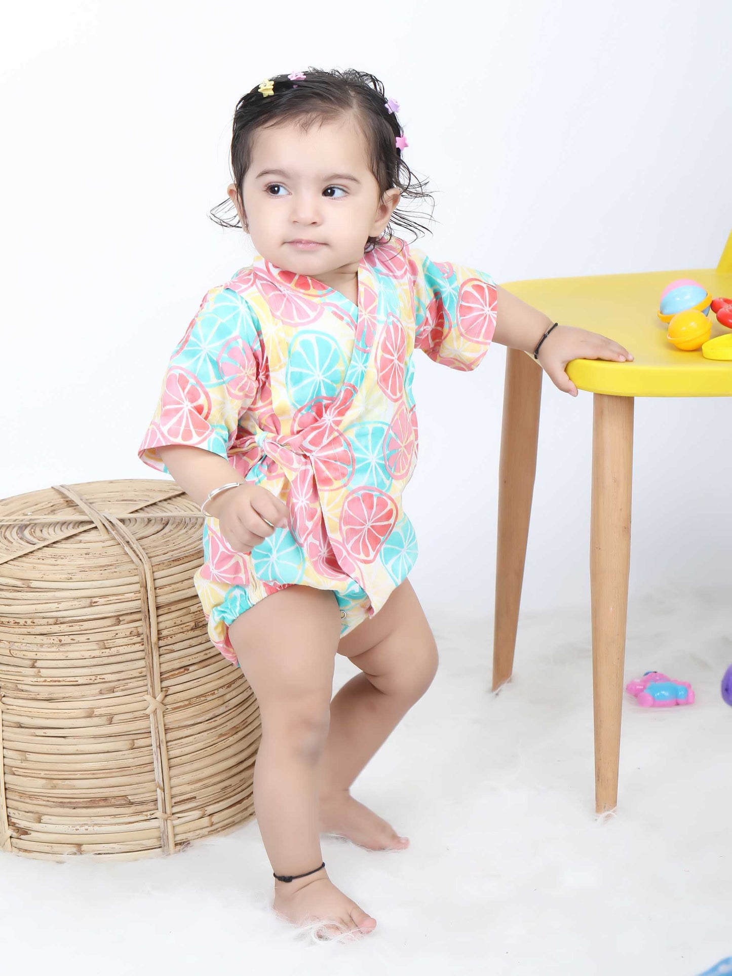 Polka Tots Lemon print Kimono Onesie - Multicolor