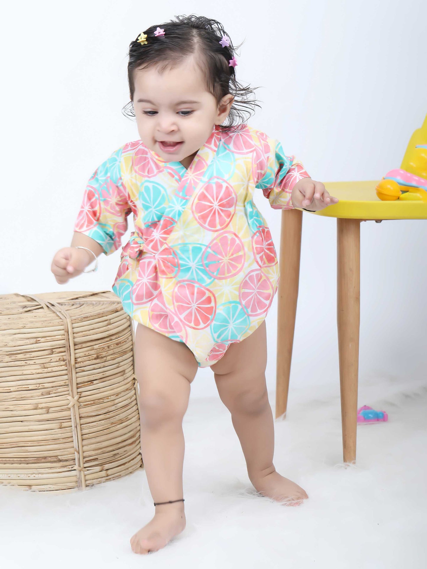 Polka Tots Lemon print Kimono Onesie - Multicolor