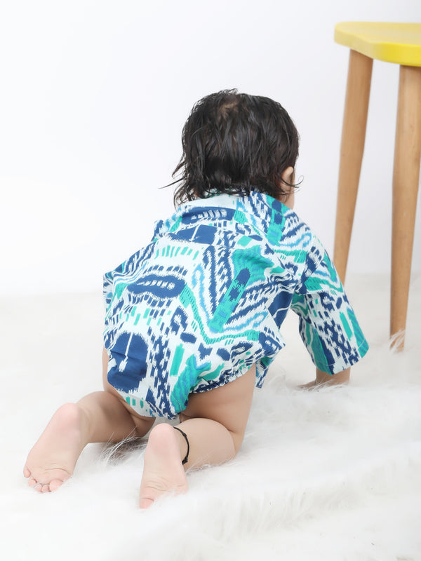 Polka Tots Peacock print Kimono Onesie - Blue