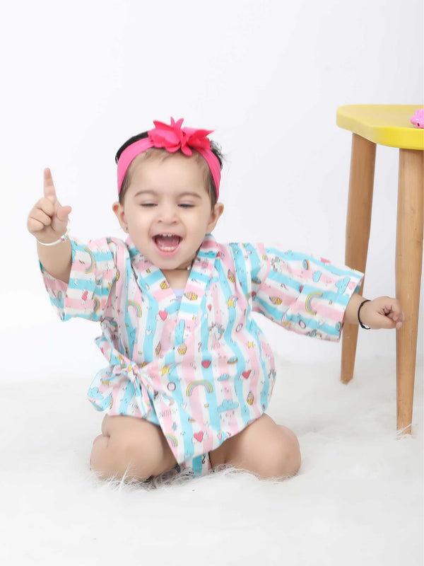 Polka Tots Unicorn print stripes Kimono Onesie - Pink
