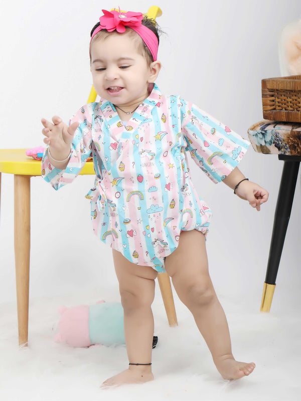 Polka Tots Unicorn print stripes Kimono Onesie - Pink