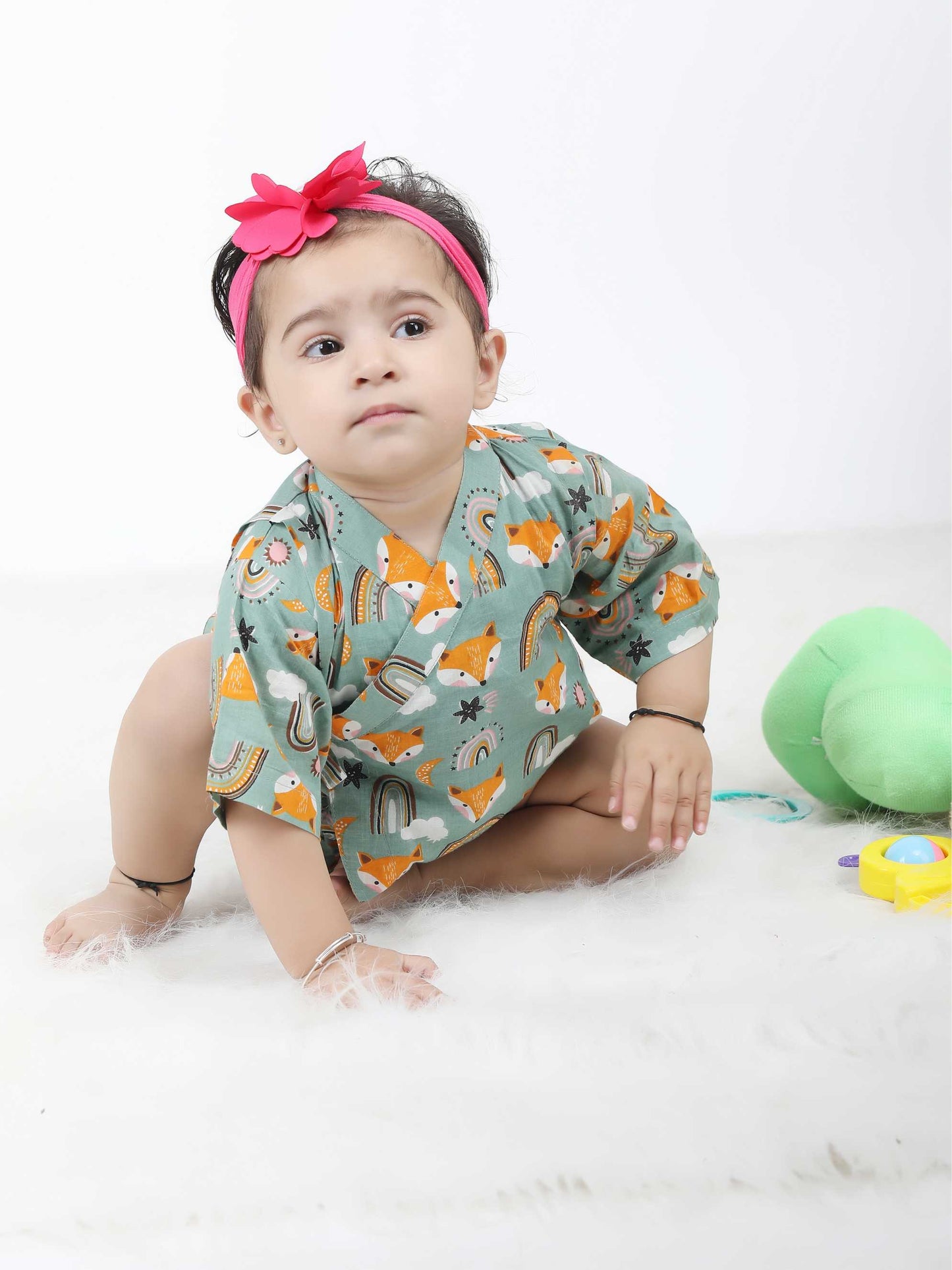 Polka Tots Fox print Kimono Onesie - Green