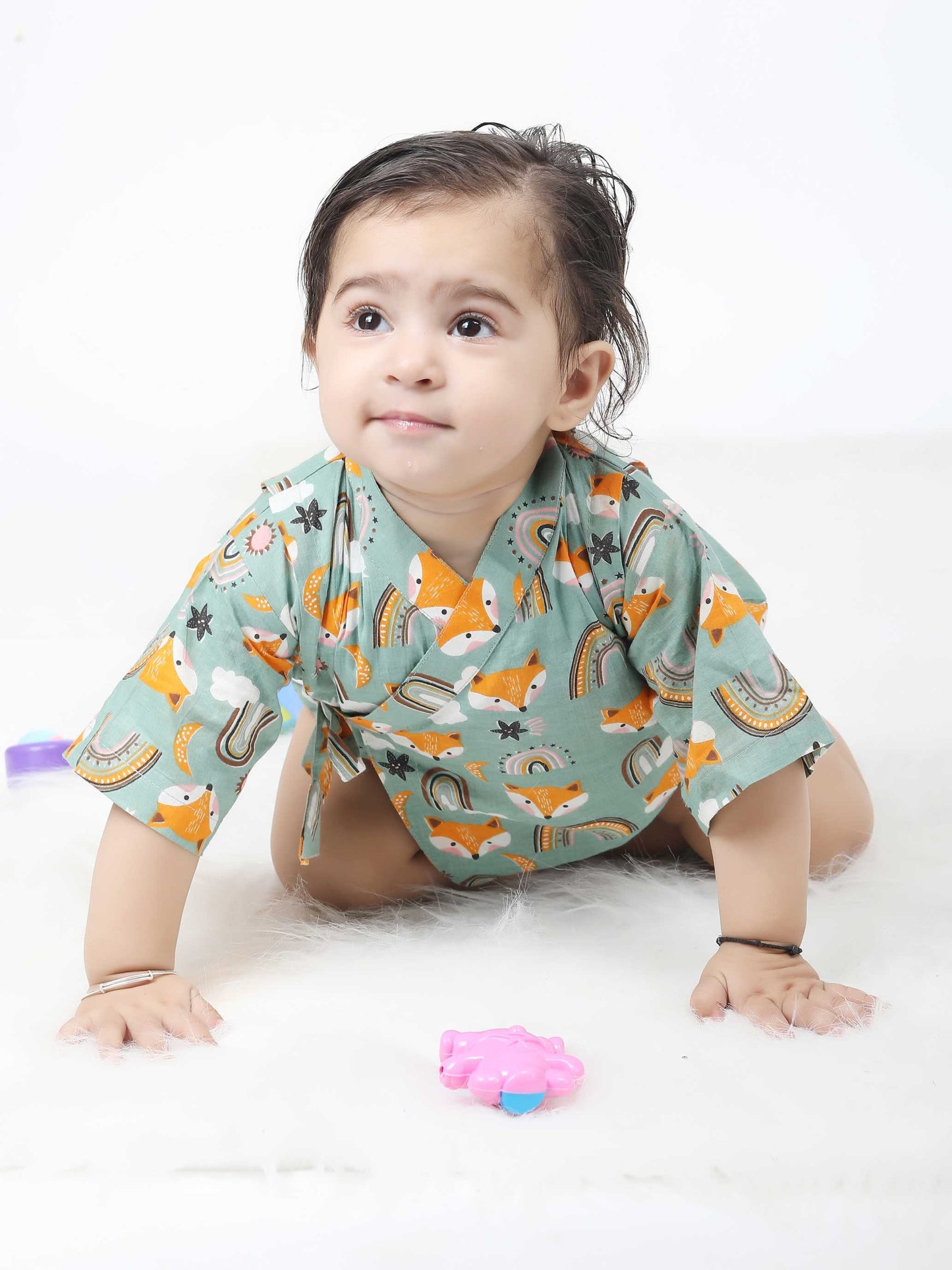 Polka Tots Fox print Kimono Onesie - Green