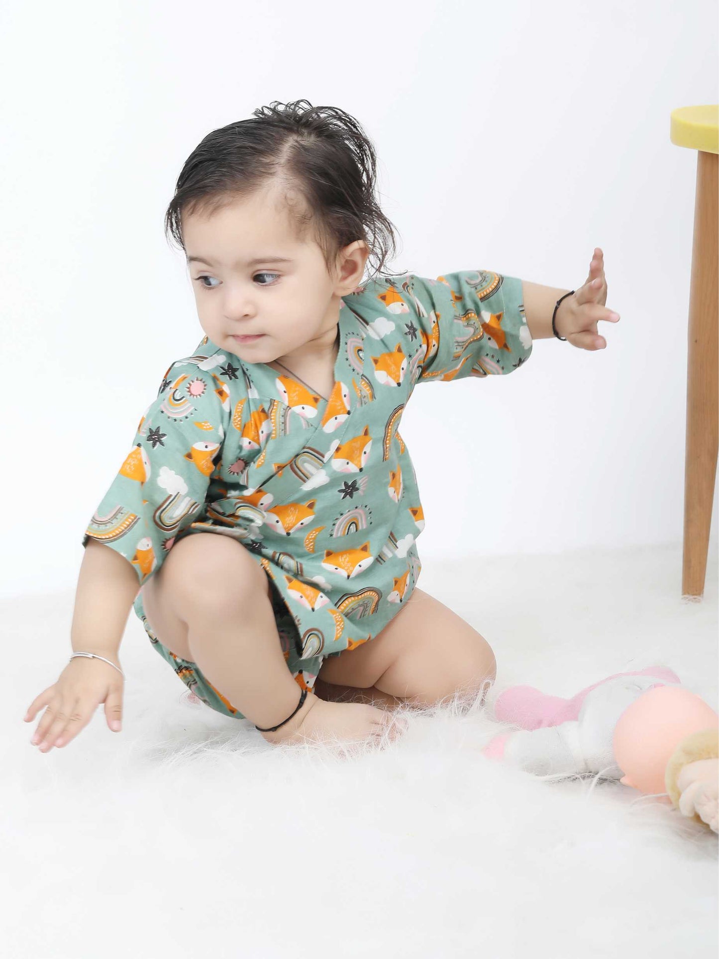 Polka Tots Fox print Kimono Onesie - Green