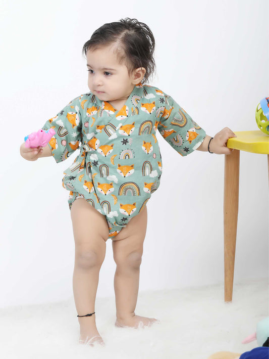 Polka Tots Fox print Kimono Onesie - Green