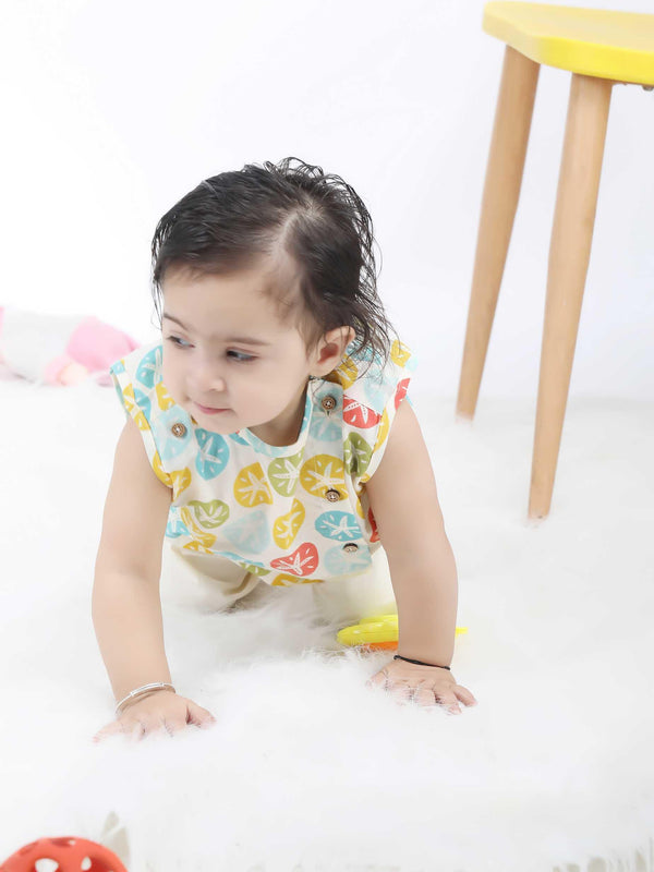 Polka Tots Star fish print Sleeveless Jhabla and Pant Set - Multicolor