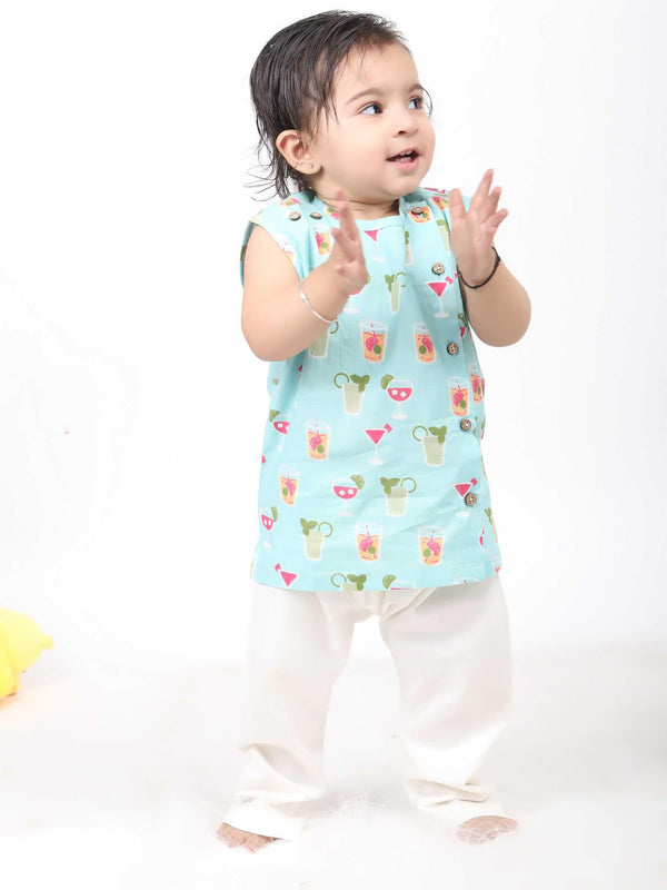 Polka Tots Juice print Sleeveless Jhabla and Pant Set - Blue