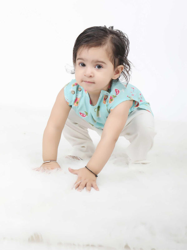 Polka Tots Juice print Sleeveless Jhabla and Pant Set - Blue