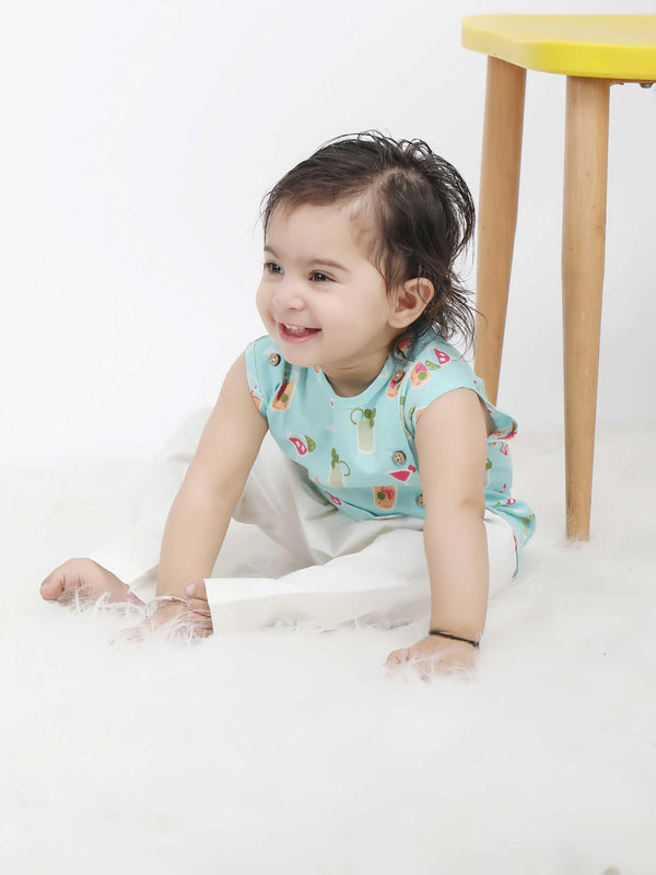 Polka Tots Juice print Sleeveless Jhabla and Pant Set - Blue
