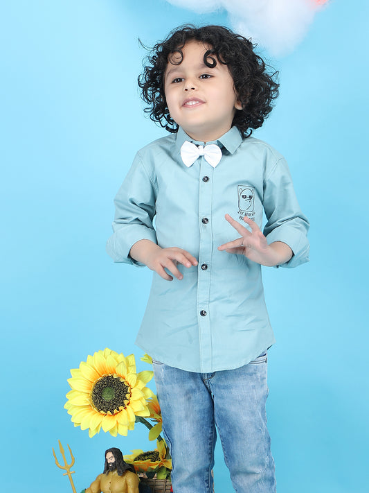Polka Tots Full sleeve shirt with White bow- Blue