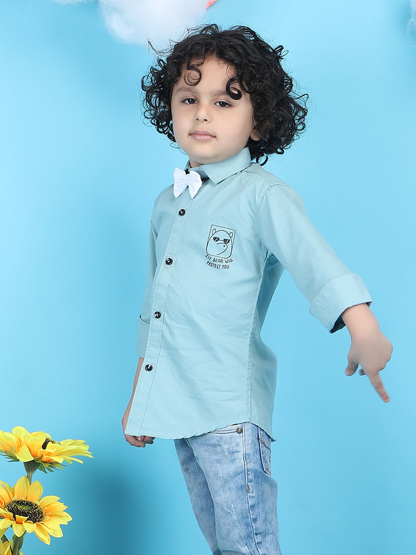 Polka Tots Full sleeve shirt with White bow- Blue