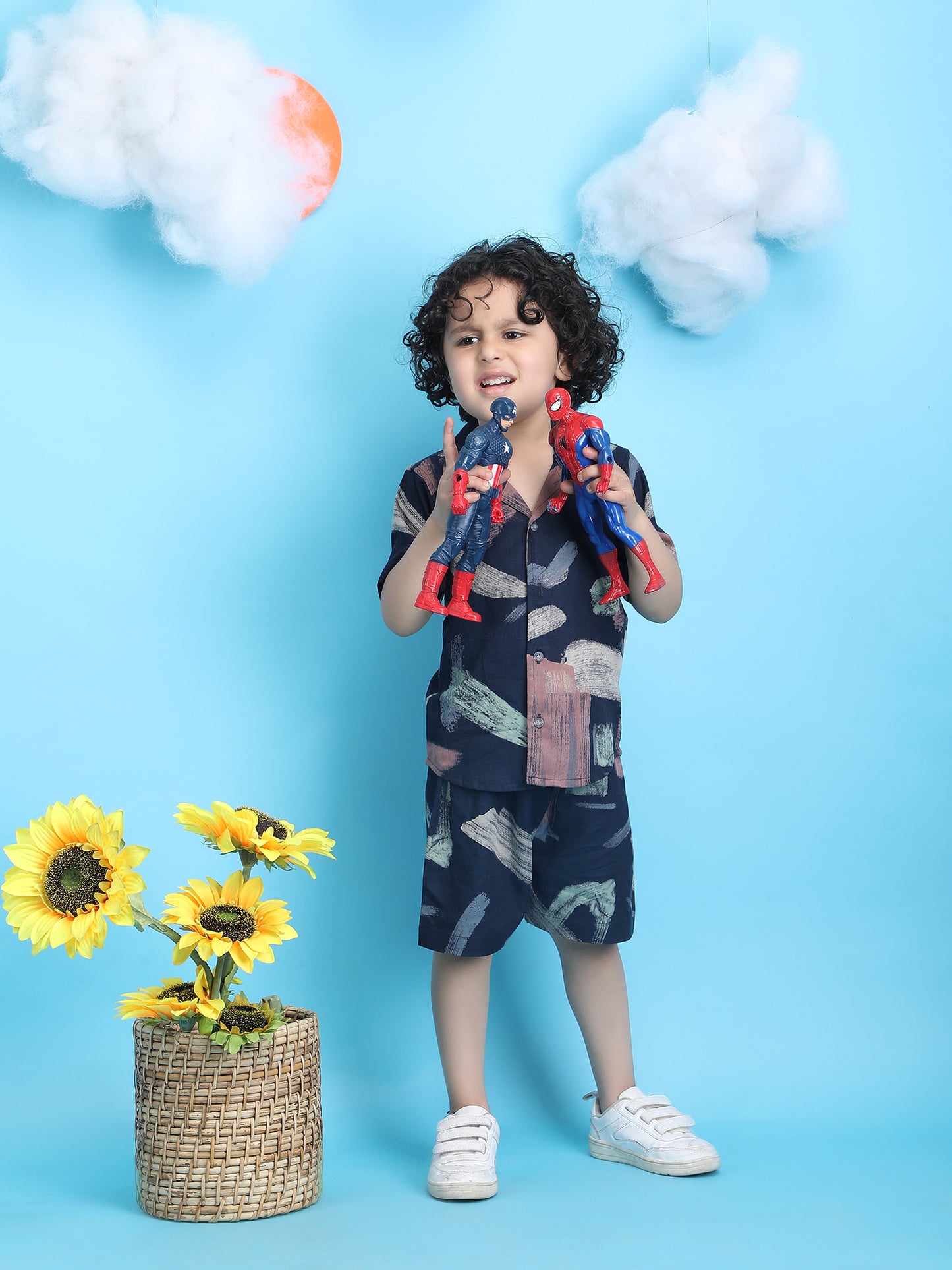 Polka Tots Half Sleeves Paint patches print Co-ord Shorts - Navy blue