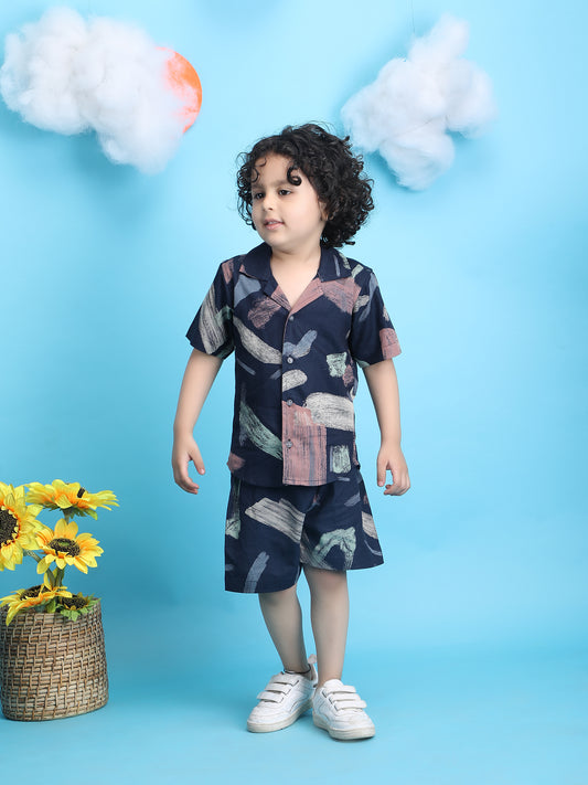 Polka Tots Half Sleeves Paint patches print Co-ord Shorts - Navy blue