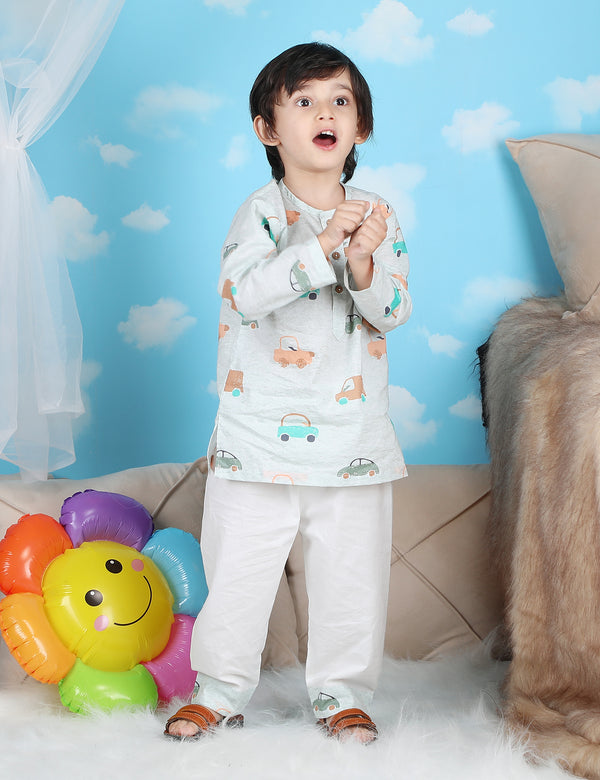 Polka Tots Full sleeves Car print Nightwear Kurta pyjama set - Green