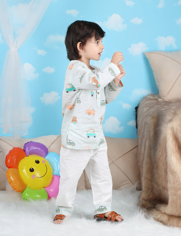 Polka Tots Full sleeves Car print Nightwear Kurta pyjama set - Green
