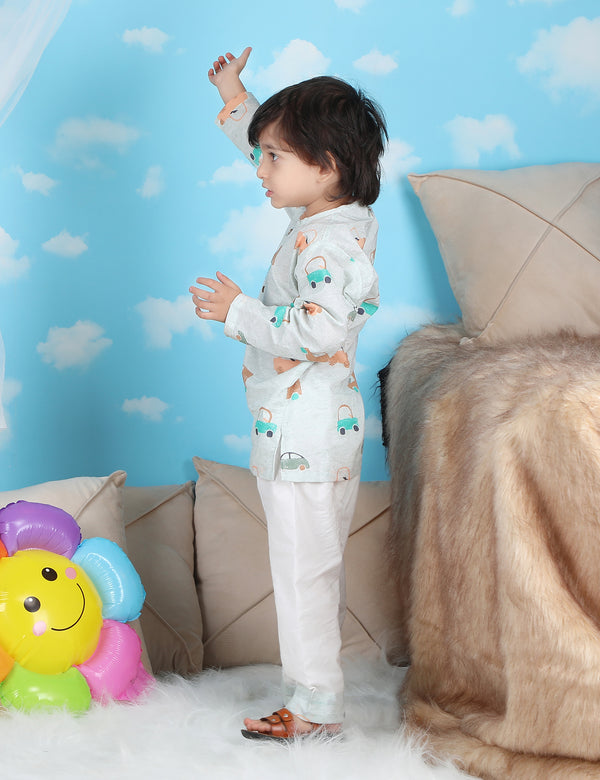 Polka Tots Full sleeves Car print Nightwear Kurta pyjama set - Green