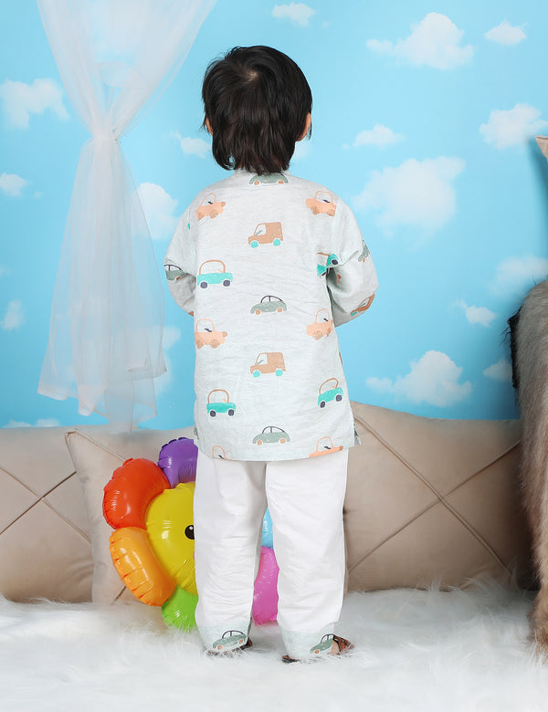Polka Tots Full sleeves Car print Nightwear Kurta pyjama set - Green