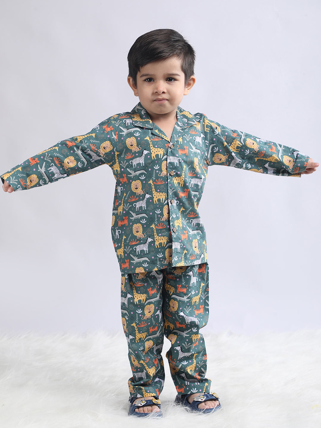 Polka Tots Full sleeve Animal Print Night suit - Green