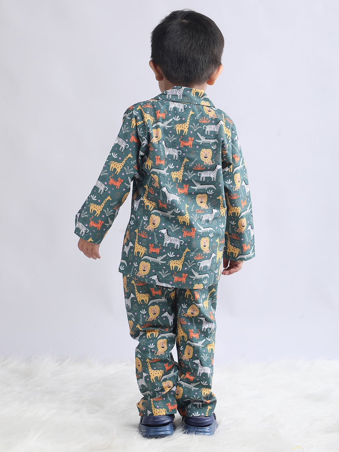 Polka Tots Full sleeve Animal Print Night suit - Green