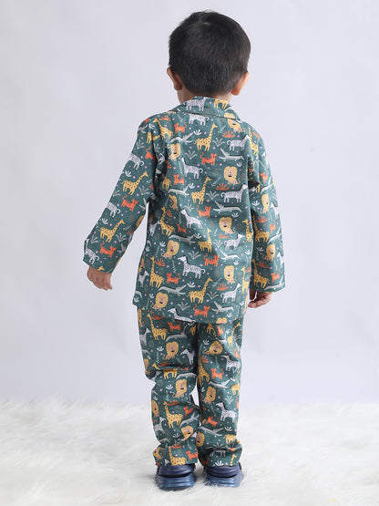 Polka Tots Full sleeve Animal Print Night suit - Green
