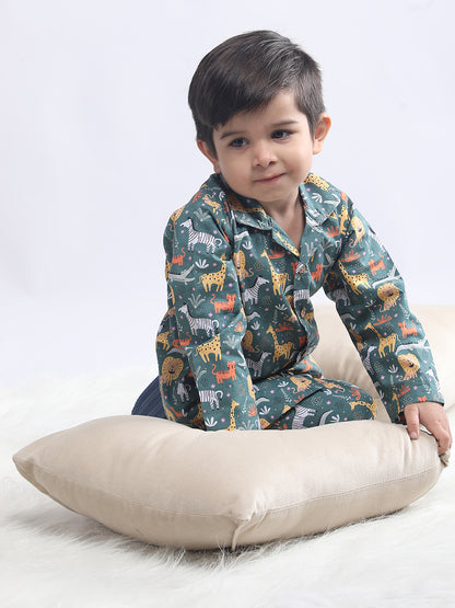 Polka Tots Full sleeve Animal Print Night suit - Green