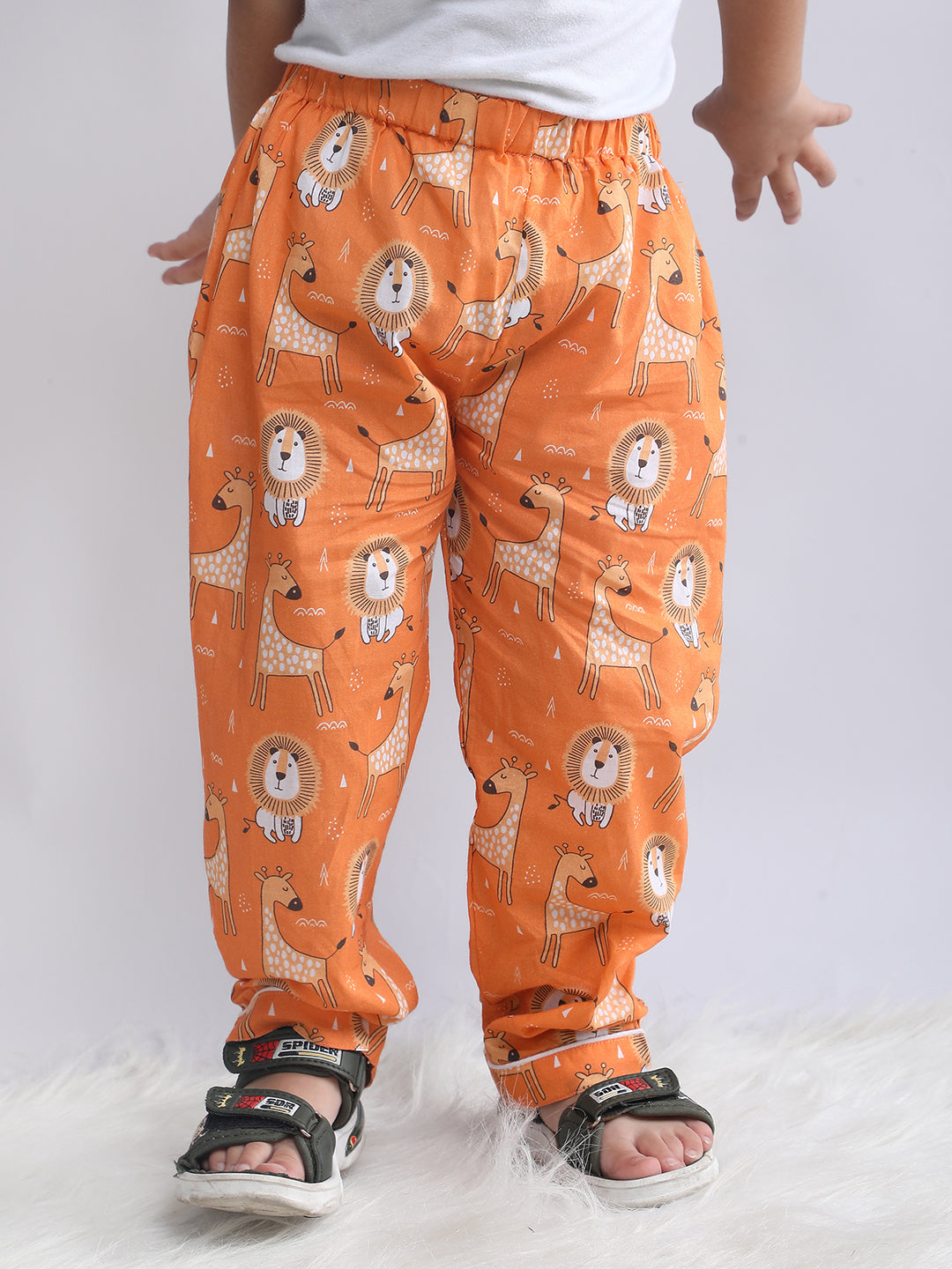 Polka Tots Full sleeve Lion and Giraffe Print Night suit - Orange