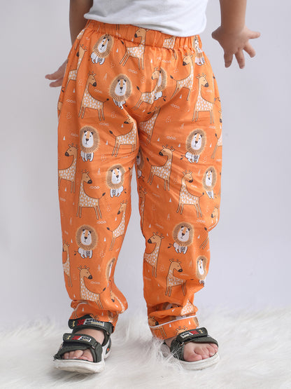 Polka Tots Full sleeve Lion and Giraffe Print Night suit - Orange