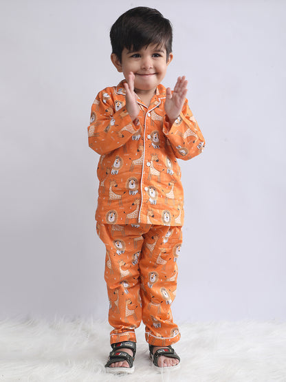 Polka Tots Full sleeve Lion and Giraffe Print Night suit - Orange