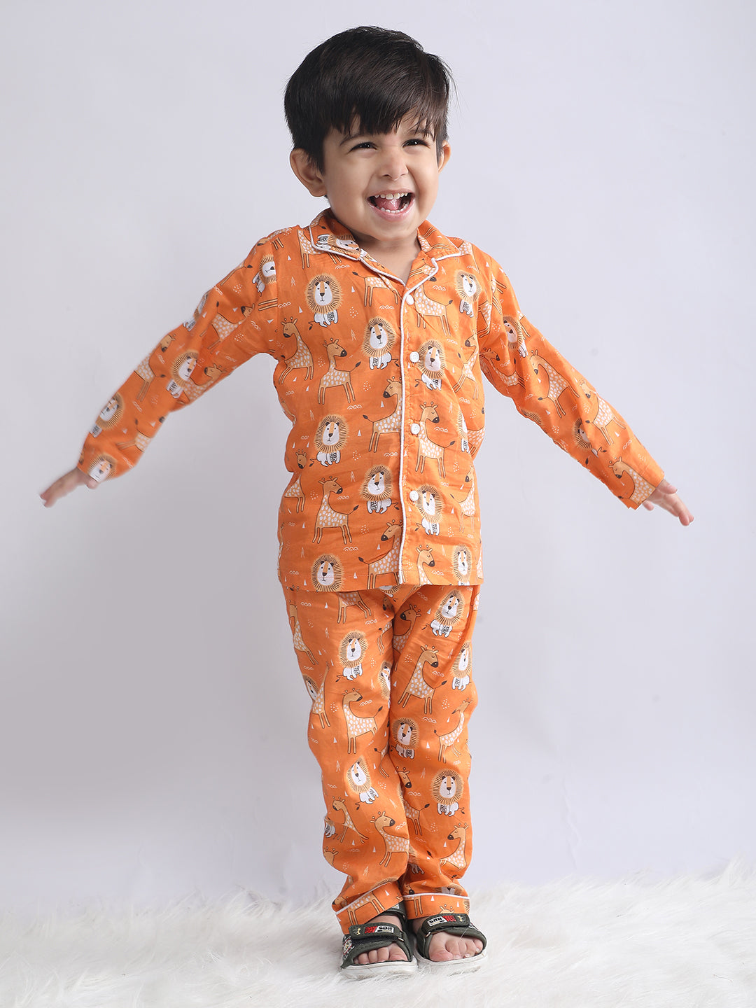Polka Tots Full sleeve Lion and Giraffe Print Night suit - Orange