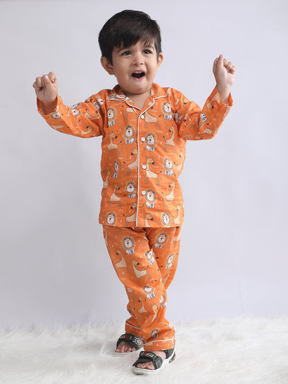 Polka Tots Full sleeve Lion and Giraffe Print Night suit - Orange