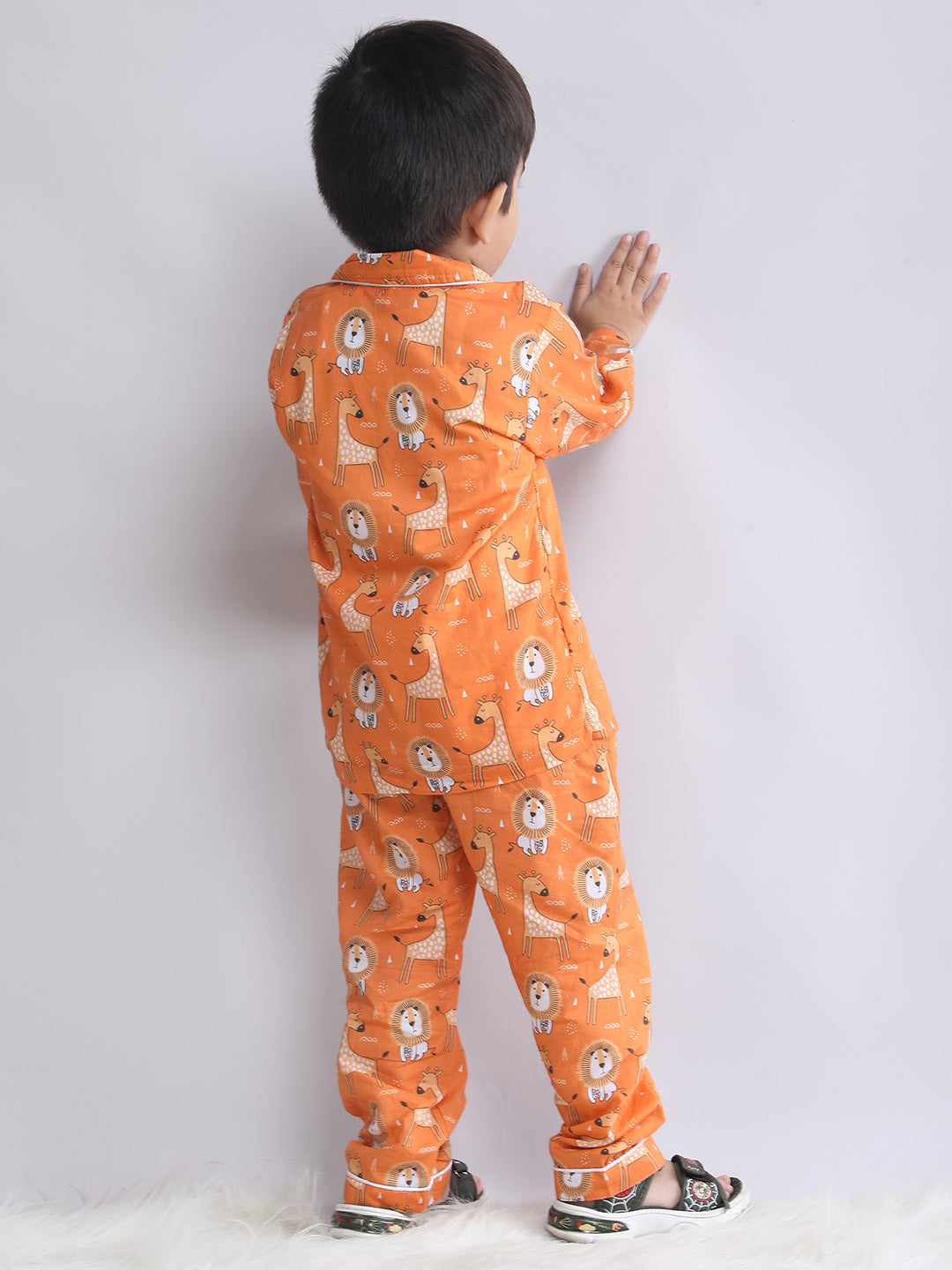 Polka Tots Full sleeve Lion and Giraffe Print Night suit - Orange