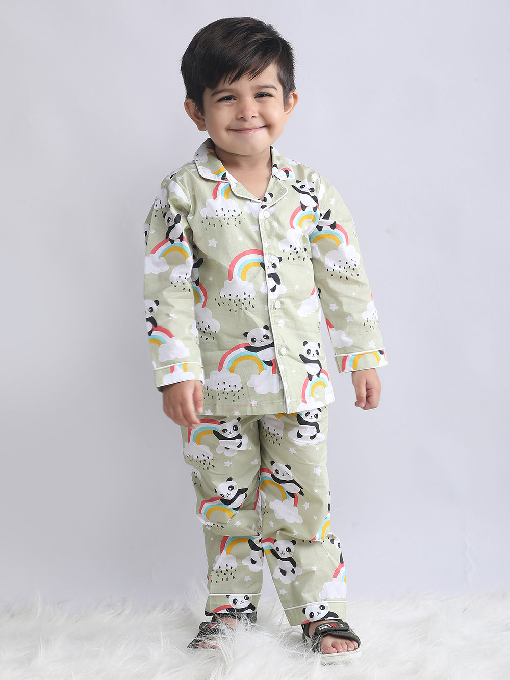 Polka Tots Full sleeve Panda Rainbow Print Night suit - Green