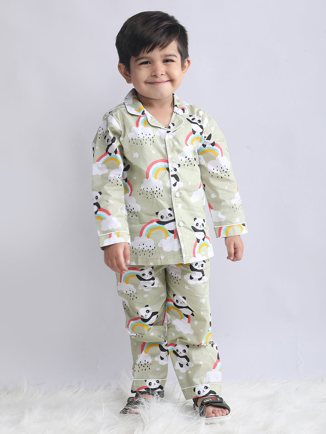 Polka Tots Full sleeve Panda Rainbow Print Night suit - Green