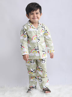Polka Tots Full sleeve Panda Rainbow Print Night suit - Green
