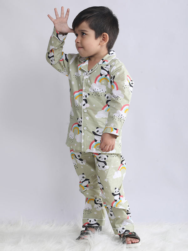 Polka Tots Full sleeve Panda Rainbow Print Night suit - Green