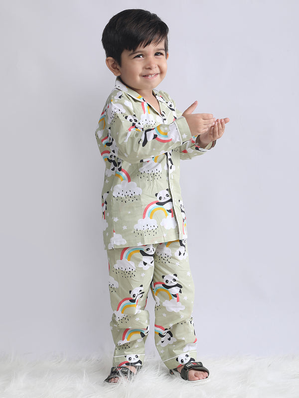 Polka Tots Full sleeve Panda Rainbow Print Night suit - Green