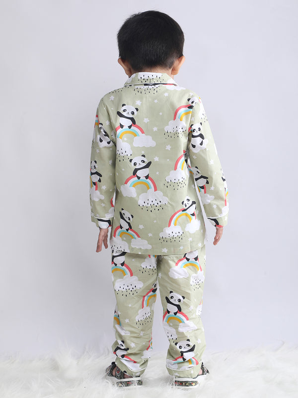 Polka Tots Full sleeve Panda Rainbow Print Night suit - Green