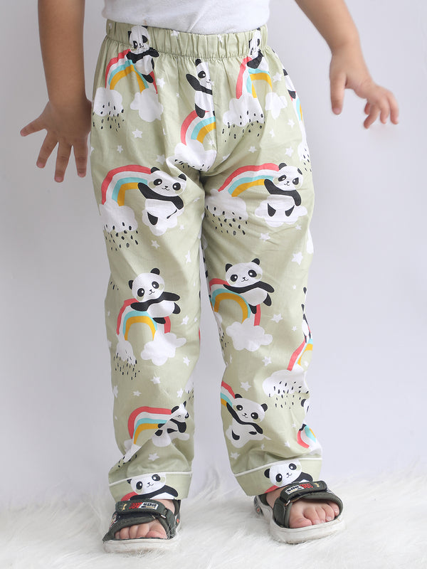 Polka Tots Full sleeve Panda Rainbow Print Night suit - Green