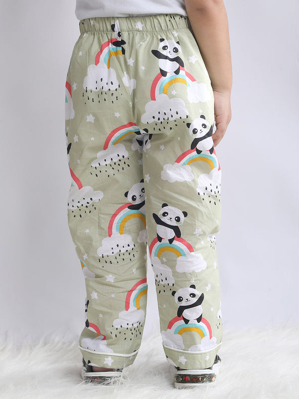 Polka Tots Full sleeve Panda Rainbow Print Night suit - Green