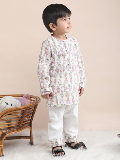 Polka Tots Fish print Full sleeves Nightwear Kurta pyjama set - Pink