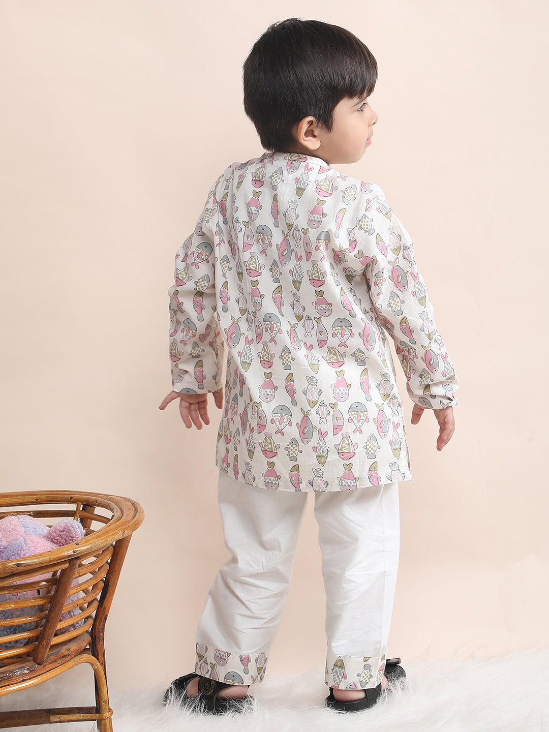 Polka Tots Fish print Full sleeves Nightwear Kurta pyjama set - Pink